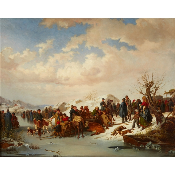 VILLAGERS GATHERING, WINTER by Kilian Zoll, 1855