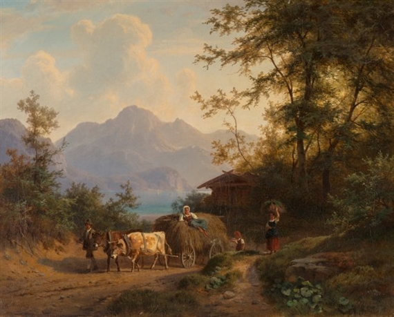 Mountain landscape with hay wagon and farmers by Gustav Meissner