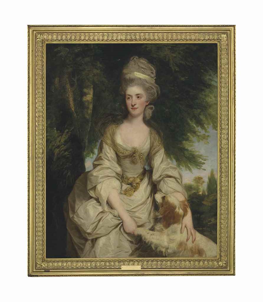 Artwork by Sir Joshua Reynolds, Portrait of Lucy Long, Mrs George Hardinge (d. 1820), three-quarter-length, in a white dress with a sheer brown scarf, a ribbon and pearls in her hair, with a spaniel, in a landscape, Made of oil on canvas