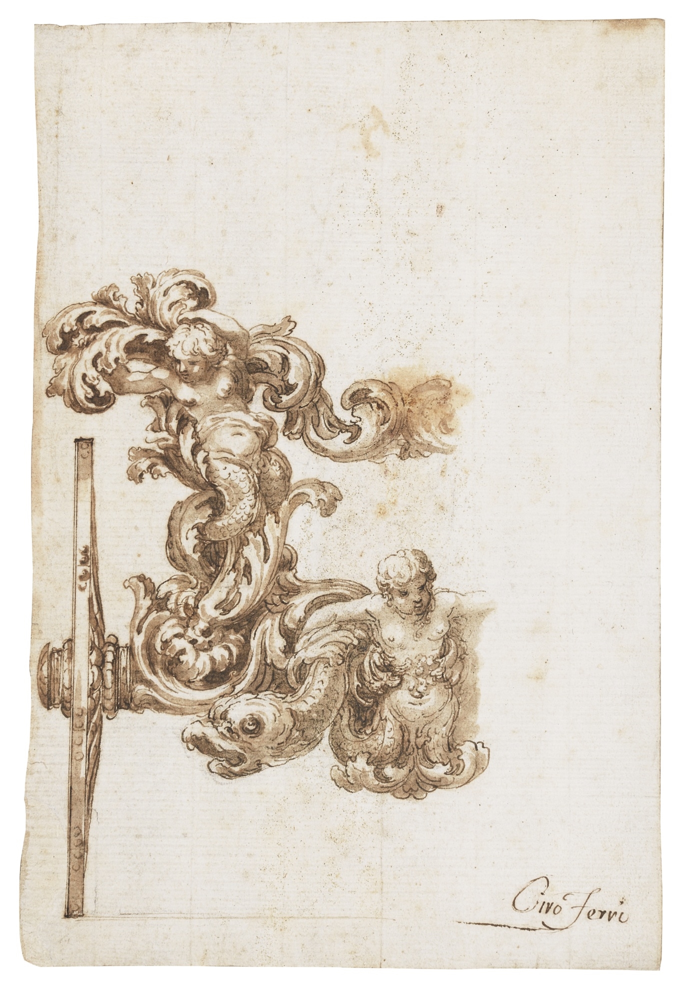 Artwork by Giovanni Battista Lenardi, DESIGN FOR THE REAR OF A CHARIOT, Made of Pen and brown ink and wash, over black chalk