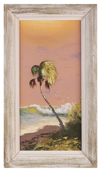 Florida Highwaymen Rio Mar coastal scene with lone palm tree and birds, crashing surf by Alfred Hair