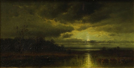 2 works, River landscapes at dawn and dusk by Conrad Wimmer, 1876