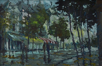 2 works, Street scenes with figures and horse and carts - Pablo Matania