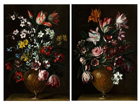 2 WORKS: TWO STILL LIFES WITH FLORAL BOUQUETS  IN METAL VASES by Pier Francesco Cittadini
