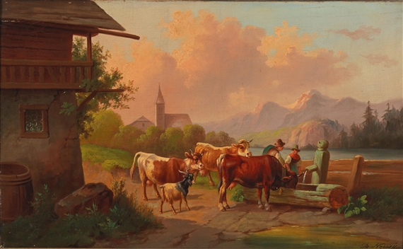 Cows with Herder and Herdswoman at the Trough by Adolf Nowey