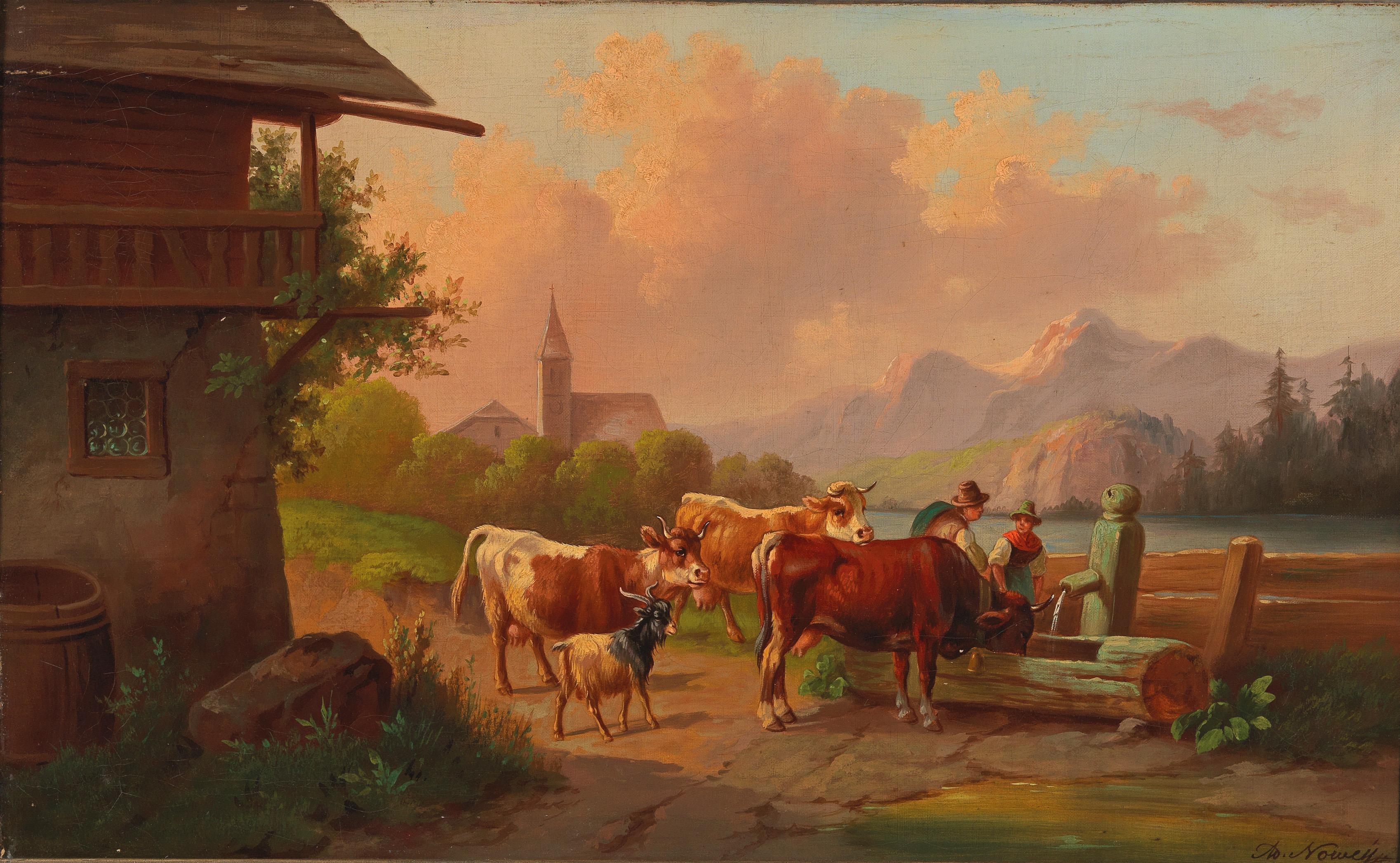 Artwork by Adolf Nowey, Cows with Herder and Herdswoman at the Trough, Made of oil on canvas