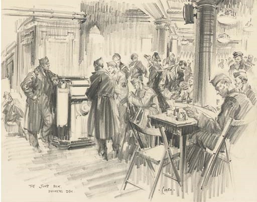 The Duke Box, Dunkers Den; Arts and Hobbies; The Quiet Room; The Picture for the Folks Back Home; Penny Arcade; First Aid; Wrestling Match; The Weekly BBC Broadcast to the USA; The Door that Never Closes; and Arts and Hobbies, A Fellow Can Sketch Here. by Terence Cuneo