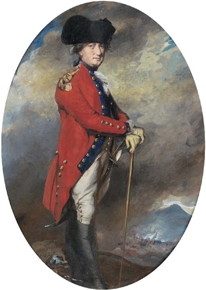 Portrait of Charles, 1st Marquis Cornwallis (1738-1805), small full-length, in uniform, leaning on a cane, in a landscape with a battle beyond by Daniel Gardner, 1782