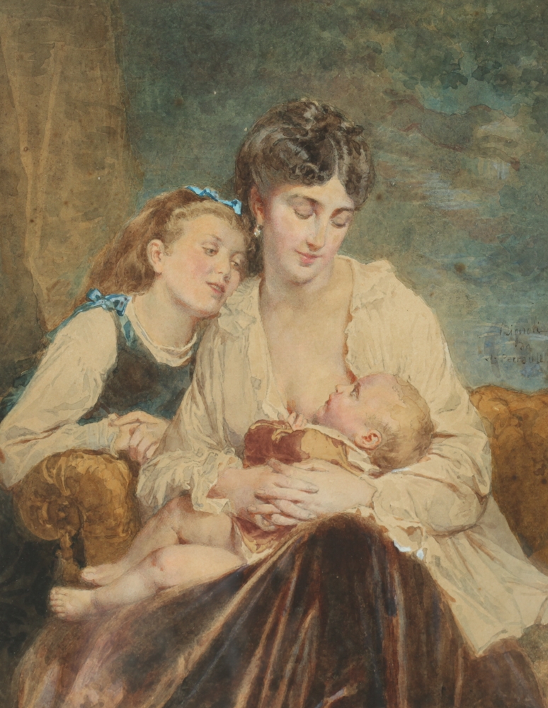 Artwork by Antonio Bignoli, MOTHER AND DAUGHTER WITH INFANT, Made of Watercolor
