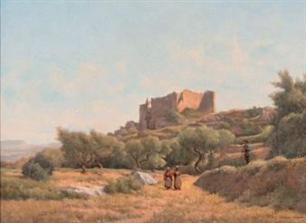 Champs d’oliviers animé en dessous du château - D.J. Sarazin