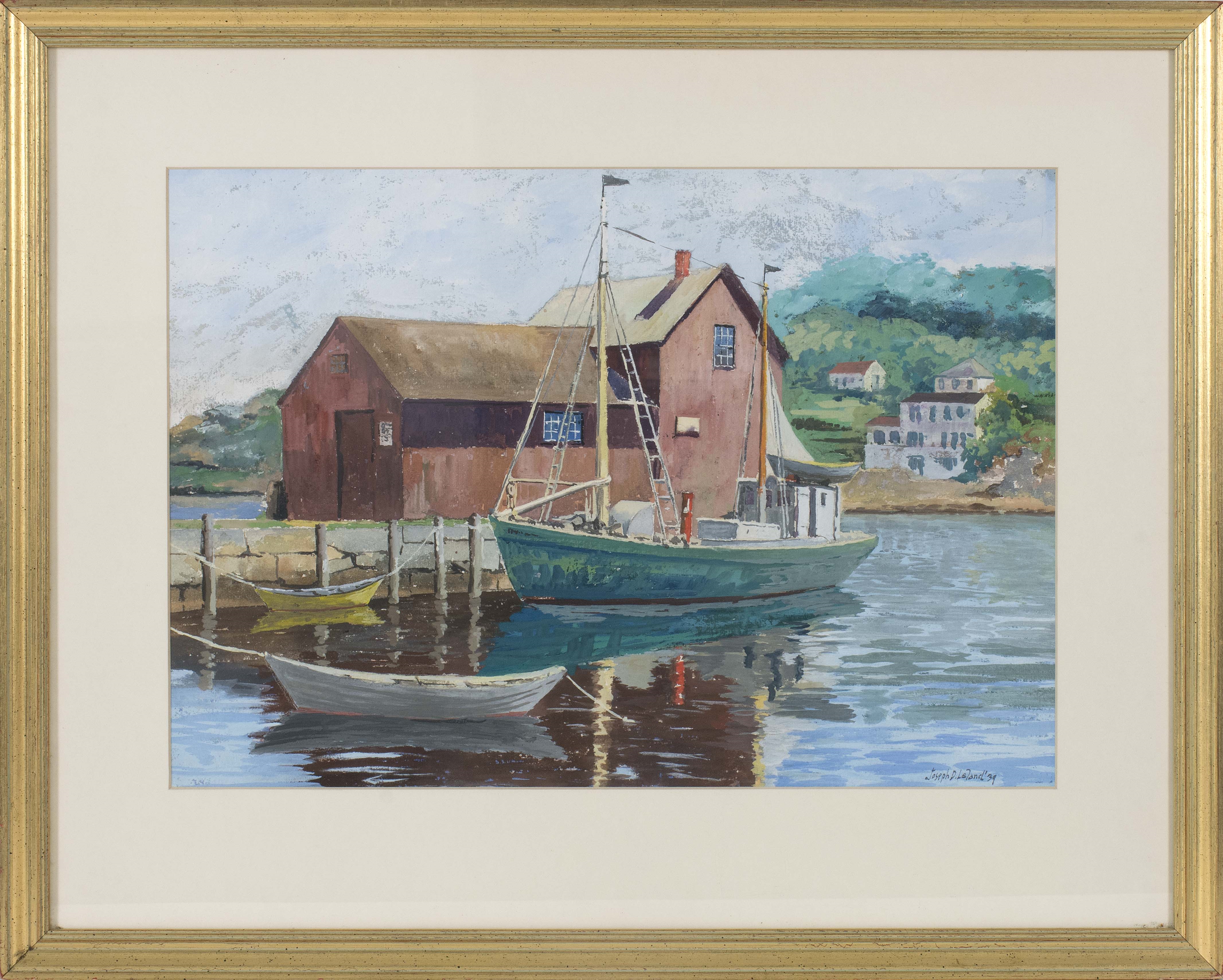 Artwork by Joseph D. Leland, Motif #1, Bradley Wharf, Rockport, Massachusetts, Made of Watercolor and gouache