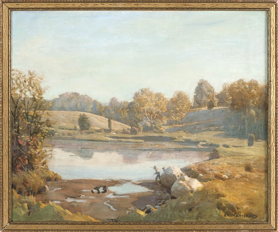 Arthur F Maynard | Figures by pond in a hilly landscape | MutualArt