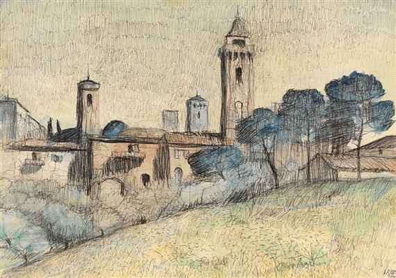Tuscan Towers, San Gimignano from the North by Lloyd Rees, 1973
