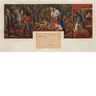 A horizontal composition of four distinct scenes depicting rural life, framed by a central text block.
