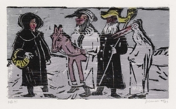 Artwork by Willem Grimm, Maskengruppe mit Steckenpferd, Made of Woodcut in colours