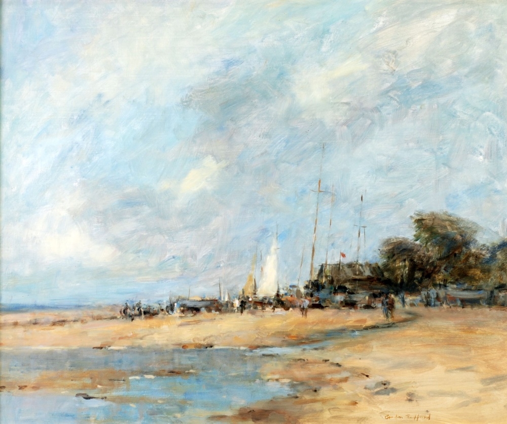 Artwork by Gordon Radford, A plein-air study of a beach scene with figures and beached sailing craft, Made of Oil painting on board