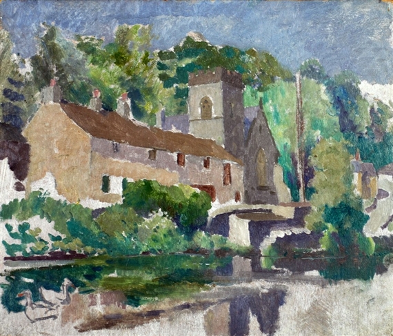 Harry Rutherford | Village with church, river and geese in the ...