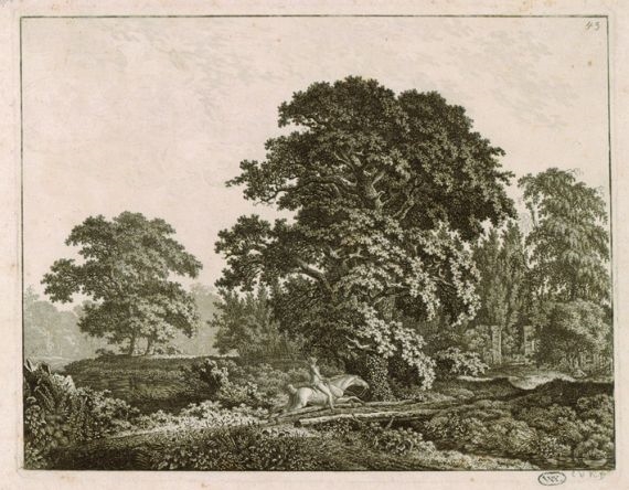 Parklandschaft, Uber Eine Brücke Sprengt Ein Reiter Nach Rechts by Carl Wilhelm Kolbe, 1800