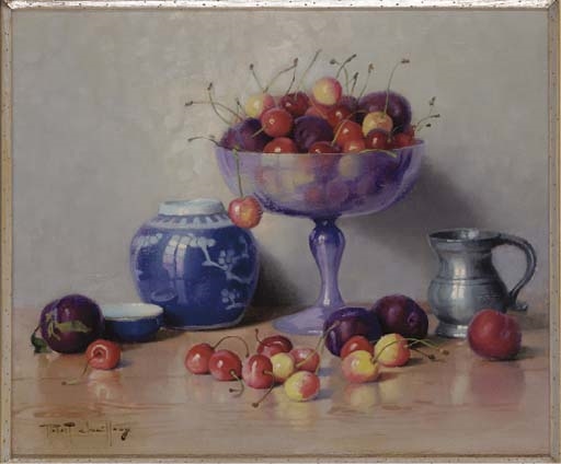 Cherries and plums in a glass bowl, a porcelain vase and pewter tankard to the side by Robert Chailloux