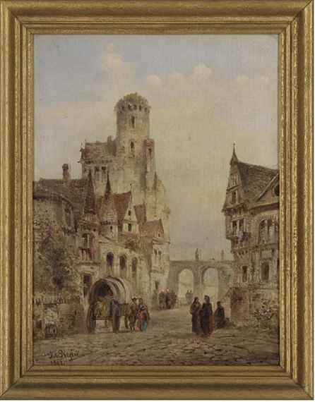 Figures and cart in a street; and Figures by a stall, in a street by Felice Auguste Rezia, 1903