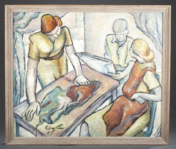 Interior scene with three figures gathered around a table. by Isobelle Chestnut Reid, circa 1940s