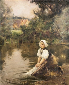 Painting of a young girl washing clothes by a stream "Petite Laveuse" as noted on metal plaque, signed lower left "J A Meunier Septo - Jules-Alexis Muenier