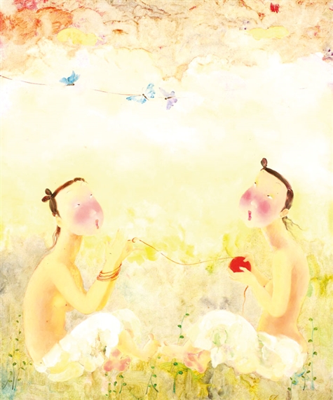 Two Girls and Butterfly by Ji Xiaofeng