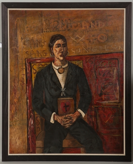 A portrait of a seated figure in dark clothing holding a book with a red heart, set against a textured background with faint inscriptions.