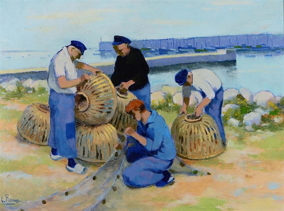 A group of figures in blue work over large woven baskets by a waterfront.