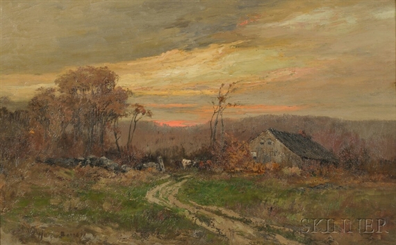 Elizabeth Hunt Barrett | Sunset Landscape with Barn and Cows | MutualArt