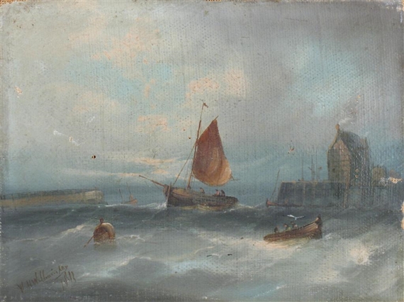 A seascape painting depicting a sailboat battling rough waves near a harbor with a large building in the distance.
