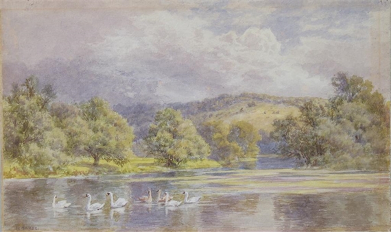 2 Works: Swans in a river landscape, Village scene with river by Martin Snape