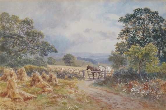 Horses by a gate in a wheatfield by Martin Snape