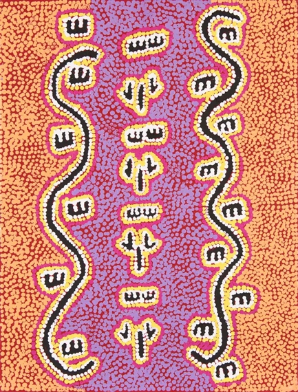 A colorful dot-painted artwork featuring stylized wavy lines and abstract symbols against a textured background.