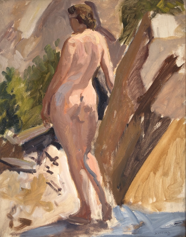 Artwork by Myron Chester Nutting, Nude woman outdoors, Made of oil on board