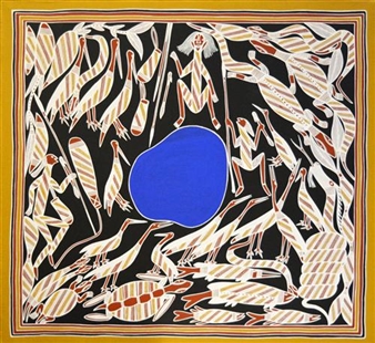 A vibrant Aboriginal-style artwork featuring a central blue circle surrounded by stylized birds and figures against a black background.