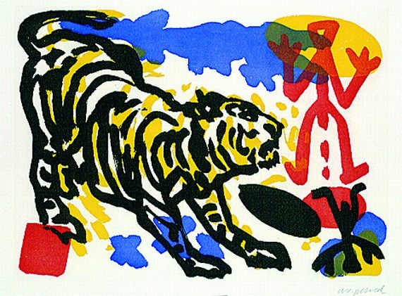 Artwork by A.R. Penck, Tiger and figures, Made of Aquatint printed in colours