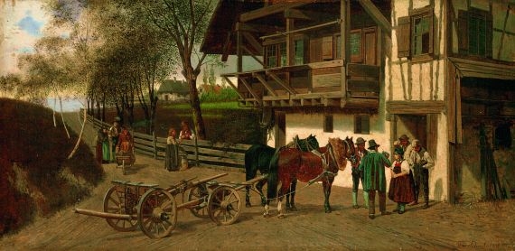 Horse and cart in front of a Bavarian home by Franz Quaglio, 1880