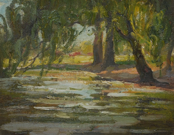 A landscape painting of a sunlit stream flowing beneath weeping willow trees.