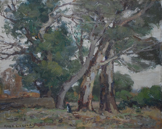 A landscape painting of a figure under large trees with a stone wall in the background.