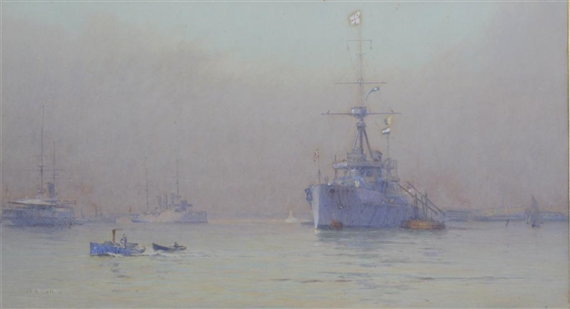 British Battleships Moored Off the Coast by Alma Claude Burlton Cull, 1906