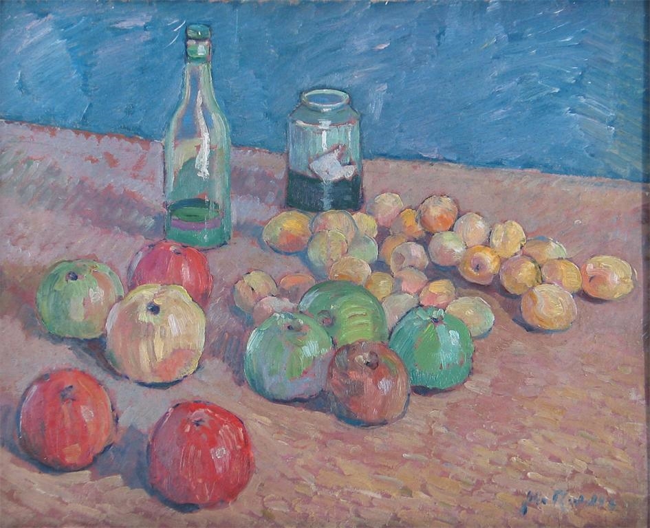 John Riddle | Still Life of Apples and Plums with a Bottle and Jar ...