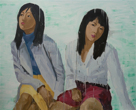 Two figures sit side by side in a stylized painting, rendered with dripping paint effects against a textured green background.