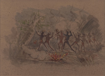 A sketch of a group of figures dancing around a fire in a forest setting.