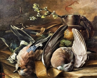 Still life with birds, Doulton jug and pussy willow spray - E. Shakespear