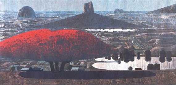 Glasshouse Mountains Landscape with Poinciana by Lawrence Daws