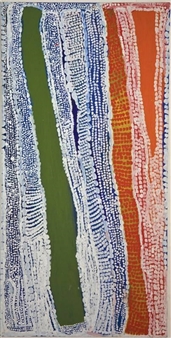 A vertical abstract composition featuring bold colored bands and textured patterns.