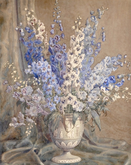 A still life painting of a tall floral arrangement in an ornate urn.