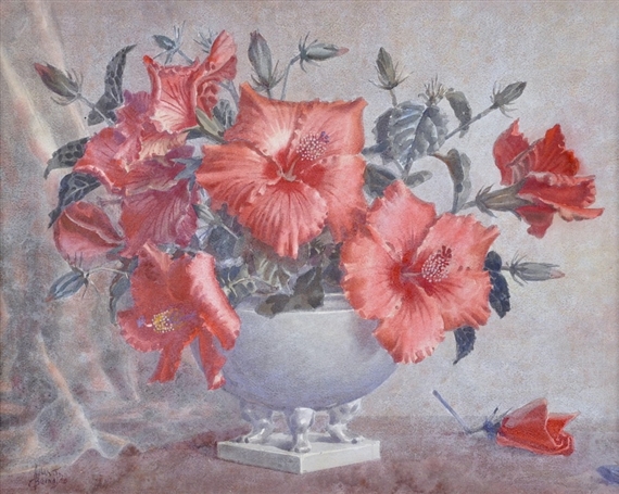 A still life painting of vibrant pink hibiscus flowers in a white urn.