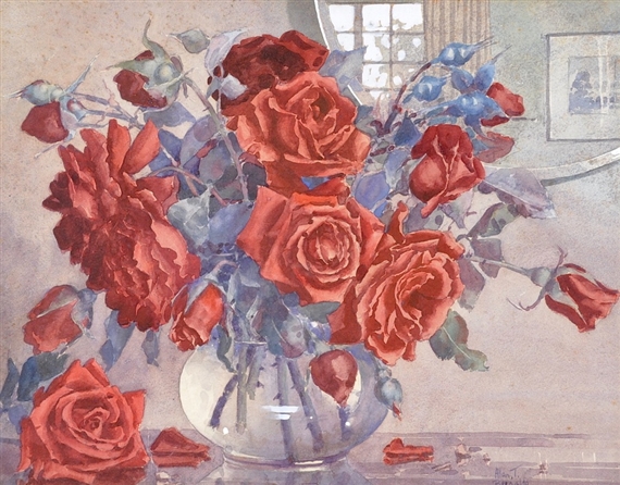 A watercolor still life of a vibrant bouquet of red roses in a clear glass vase.